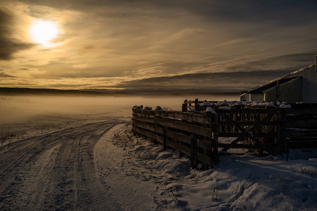 A breathtaking winter sunrise over a snowy path in Tolhuin, Argentina, with dramatic lighting and fog.